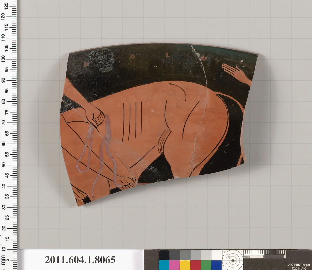 Terracotta rim fragment of a kylix (drinking cup) — Euergides Painter