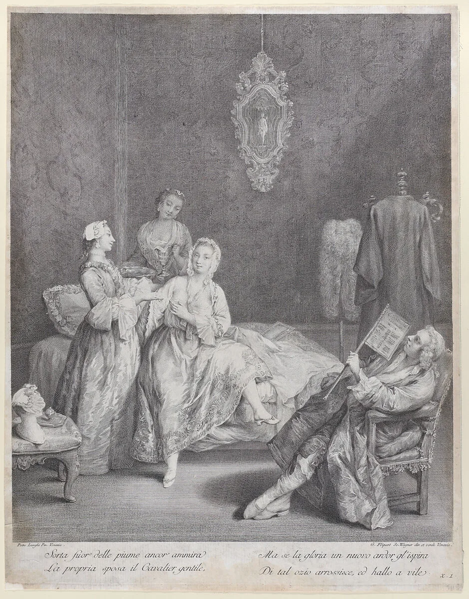 A woman getting out of bed in an elegant interior, with two servants about to help her get dressed, while her husband sits in an armchair at right — Pietro Longhi (Pietro Falca)|Joseph Wagner|Charles Joseph Flipart