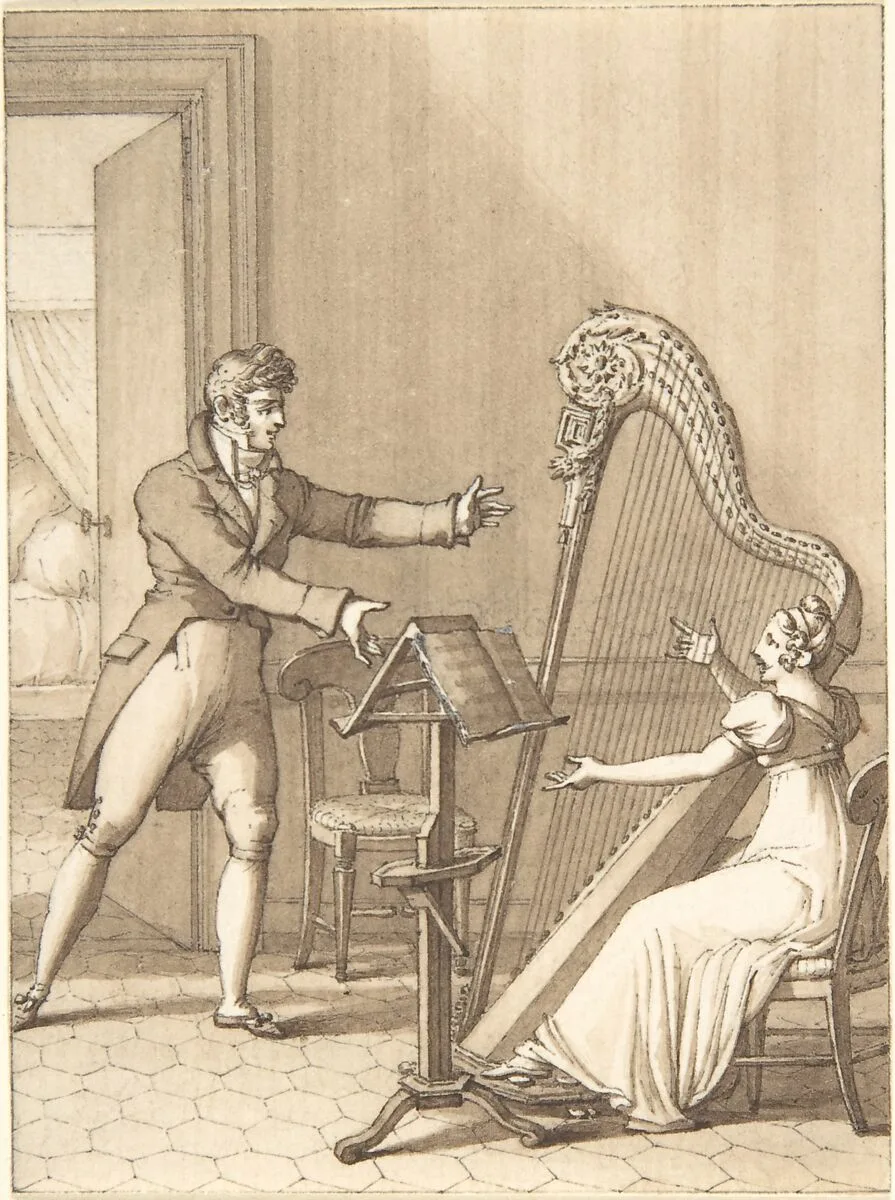 Design for a Book Illustration: a Man Approaching a Woman Playing a Harp — Anonymous, German, 19th century