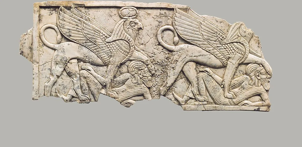 Furniture plaque carved in relief with two falcon-headed sphinxes trampling captives — Unknown