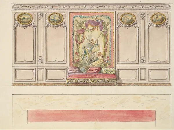 Design for a Wall Elevation with a Large Painted Panel and a Sofa (Third Floor) — Mewès and Davis|Charles-Frédéric Mewès|Arthur Joseph Davis