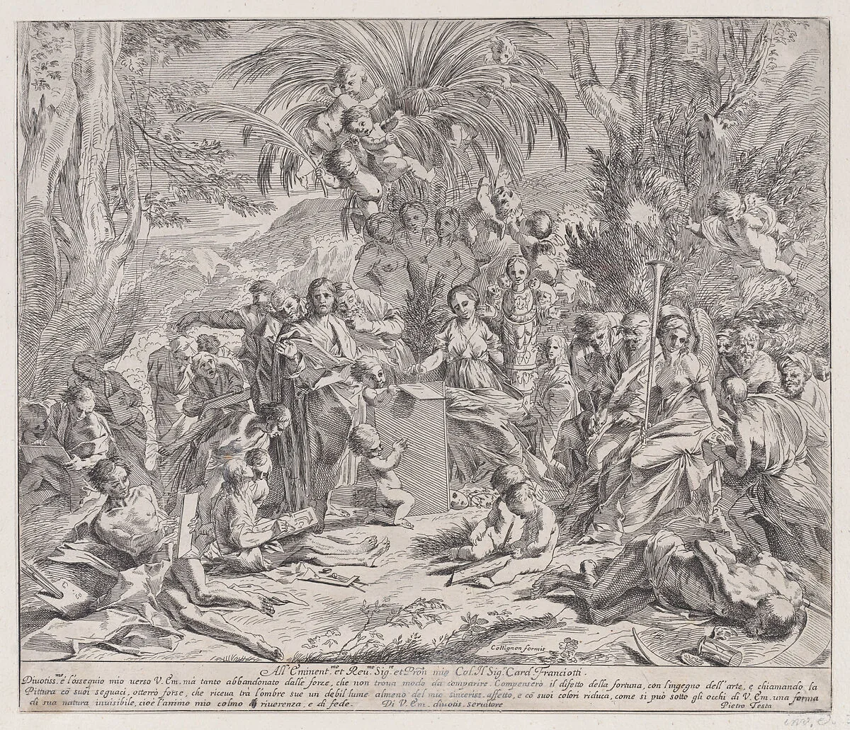 An allegory of painting, who as an child in the centre left draws on a tablet, surrounded by figures, many of whom are drawing — Pietro Testa|François Collignon