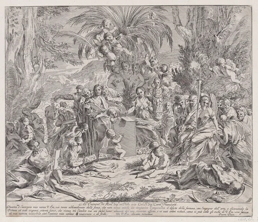 An allegory of painting, who as an child in the centre left draws on a tablet, surrounded by figures, many of whom are drawing