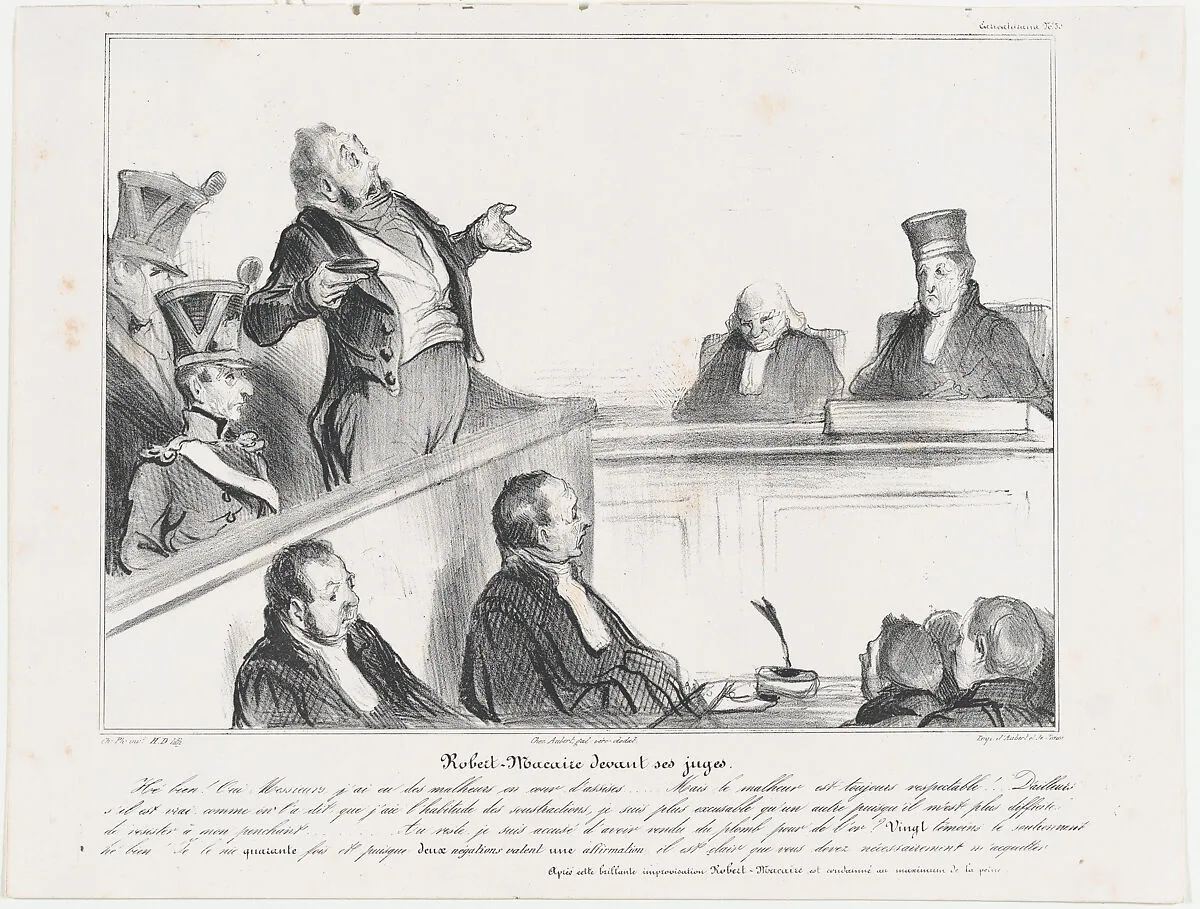 Plate 30: Robert Macaire before his judges, from 'Caricaturana,' published in Les Robert Macaires — Charles Philipon|Aubert et Cie|Junca|Aubert et Cie|Honoré Daumier