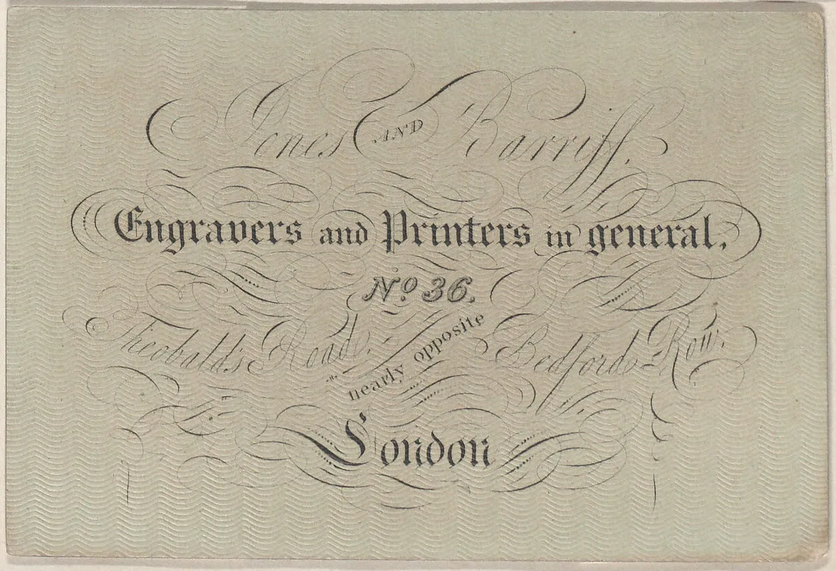 Trade Card for Jones and Barriff, Engravers and Printers — Anonymous, British, 19th century