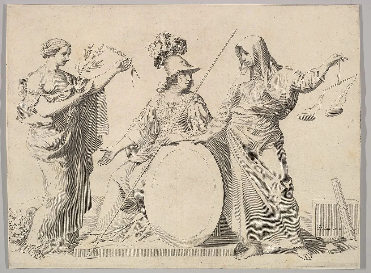 Minerva Flanked by Peace and Justice (Armoiries de Gallard et de Mesmes) — Claude Mellan