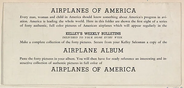 Announcement for Kelley's Weekly Bulletin with cards from the Airplanes of America series (D2), issued by the Kelley Baking Company, including cards Curtis Y. P.- 37, Piper Club, Spirit of St. Louis, Lockhead Transport 14, Douglas T.B.D.-1, Douglas D. C-.3, Boeing Stratoliner, Winnie Mae — Kelley Baking Company