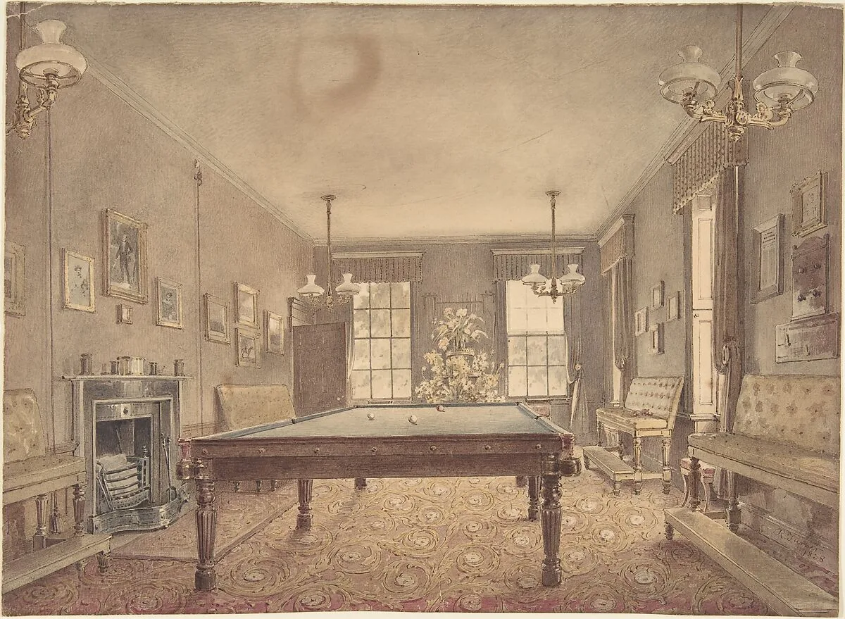 Interior of the billiard room at Lupton House, Devonshire, designed by George Wrightwick for Sir J.B.Y. Buller — Reid Turner