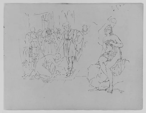 Woman Prostrate Before a Nobleman; Nude Bather Seated on a Rock (Diana?) (from Sketchbook)