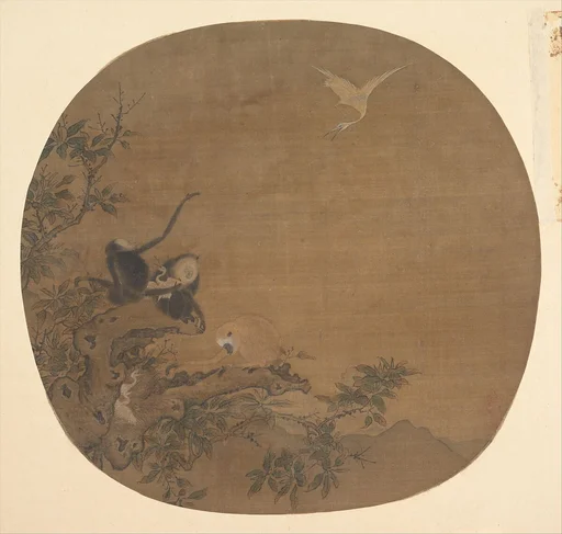 南宋? 佚名 舊傳易元吉 三猿得鷺圖 團 扇頁|Gibbons Raiding an Egret's Nest