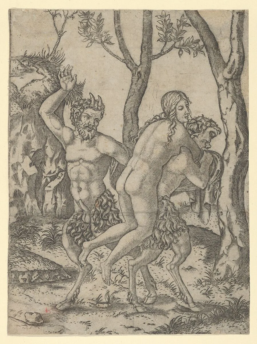 A satyr carrying a nymph on his back and another raising his right hand to slap her — Marcantonio Raimondi