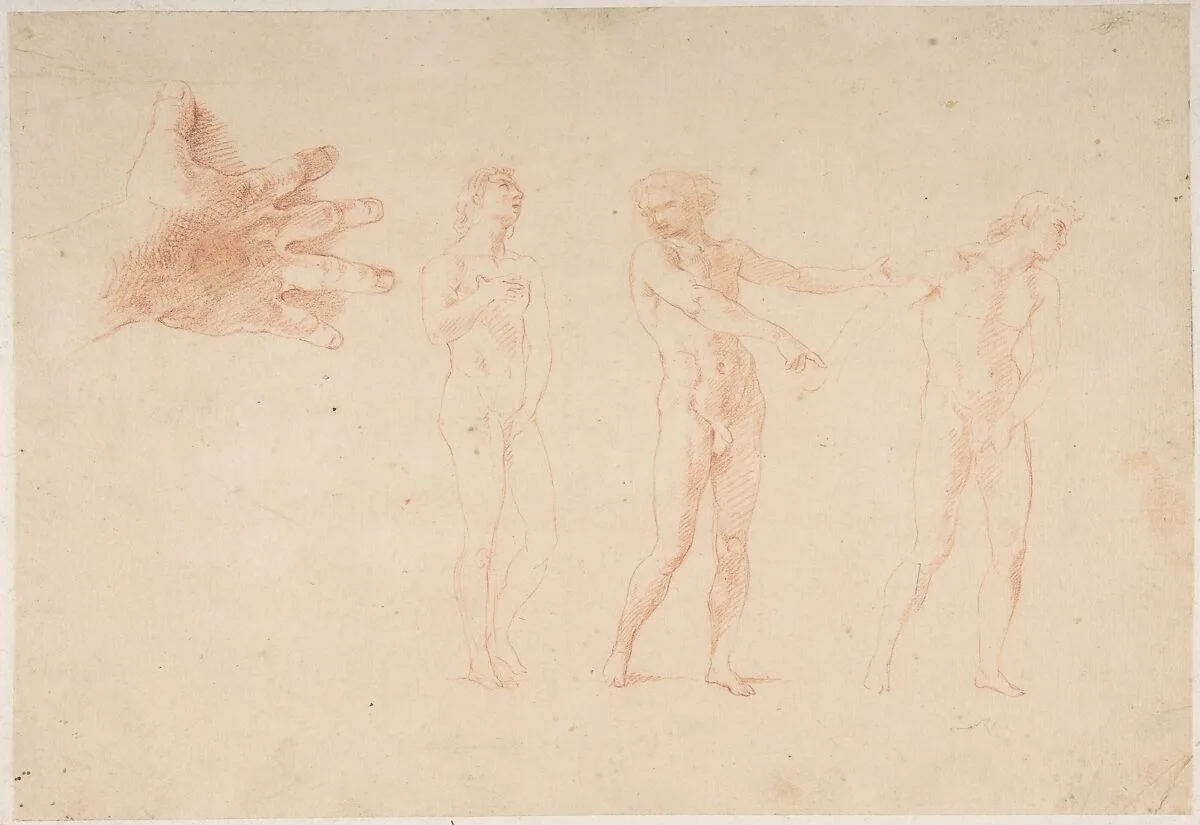 Three Nude Male Figures; Study of the Right Hand of the Figure on the Left — Pompeo Batoni