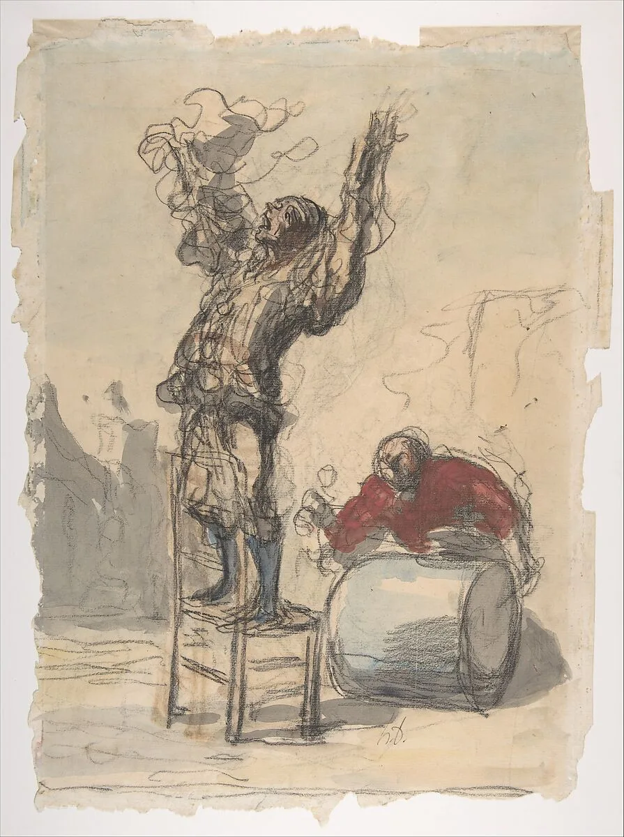 Street Show (Paillasse) (recto); a clown playing a drum (verso) — Honoré Daumier