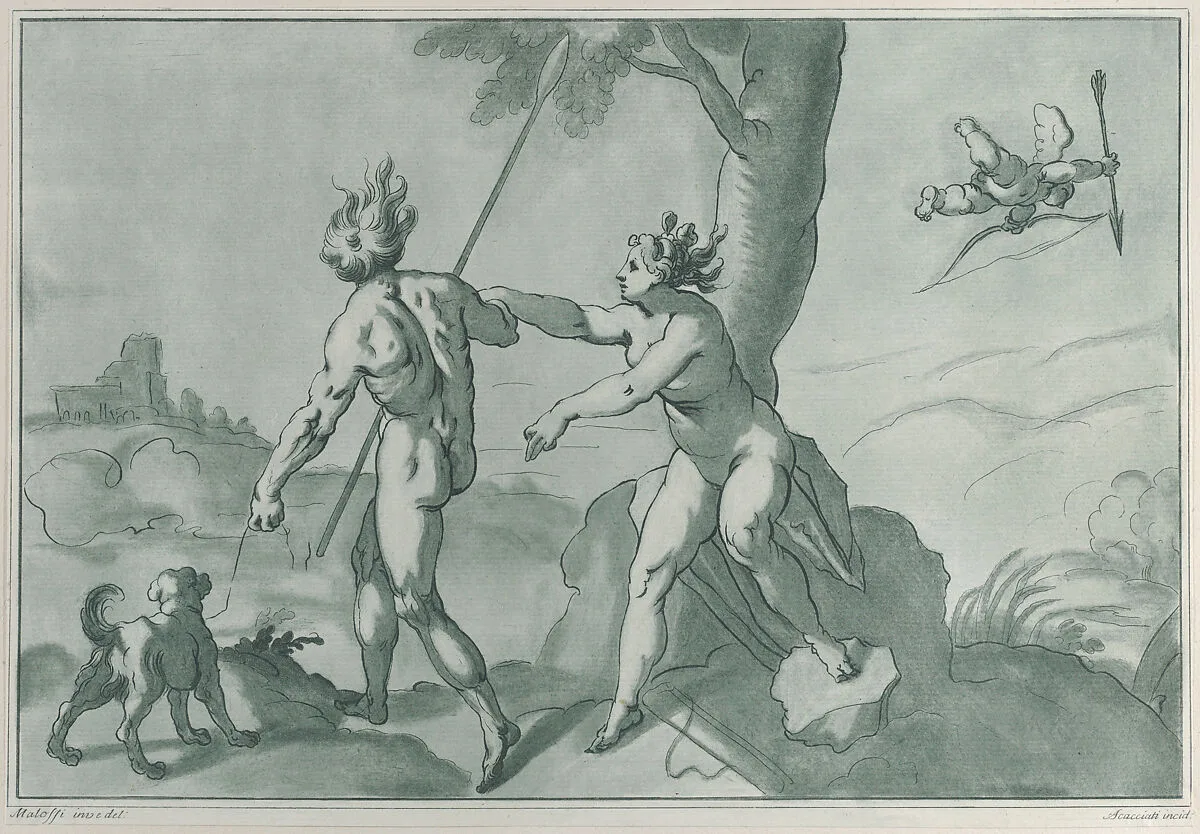 Venus and Adonis (?), nude in a landscape with a dog at left and Cupid at upper right — Andrea Scacciati