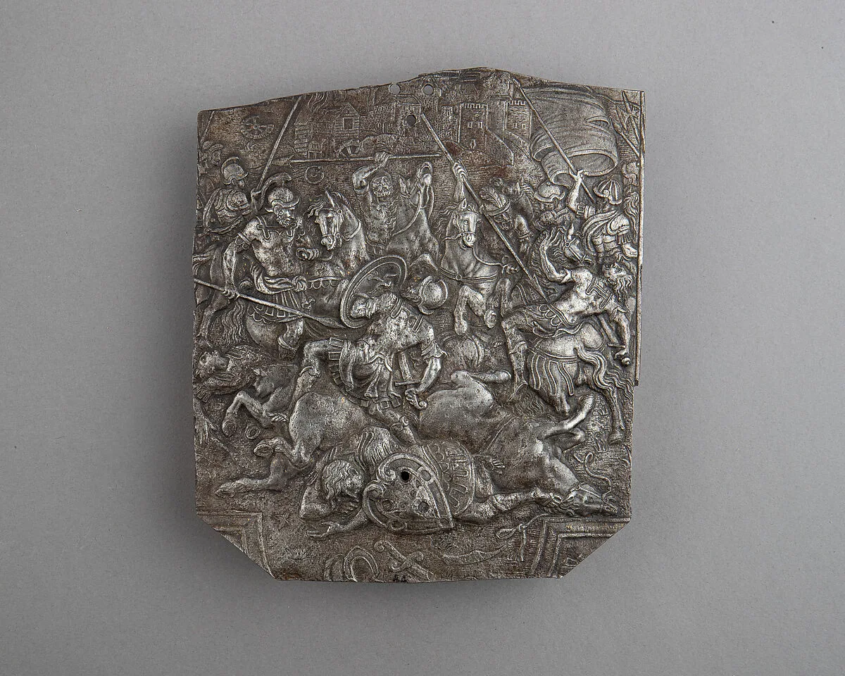 Fragment of an Embossed Armor Depicting Combat of Horsemen — Unknown