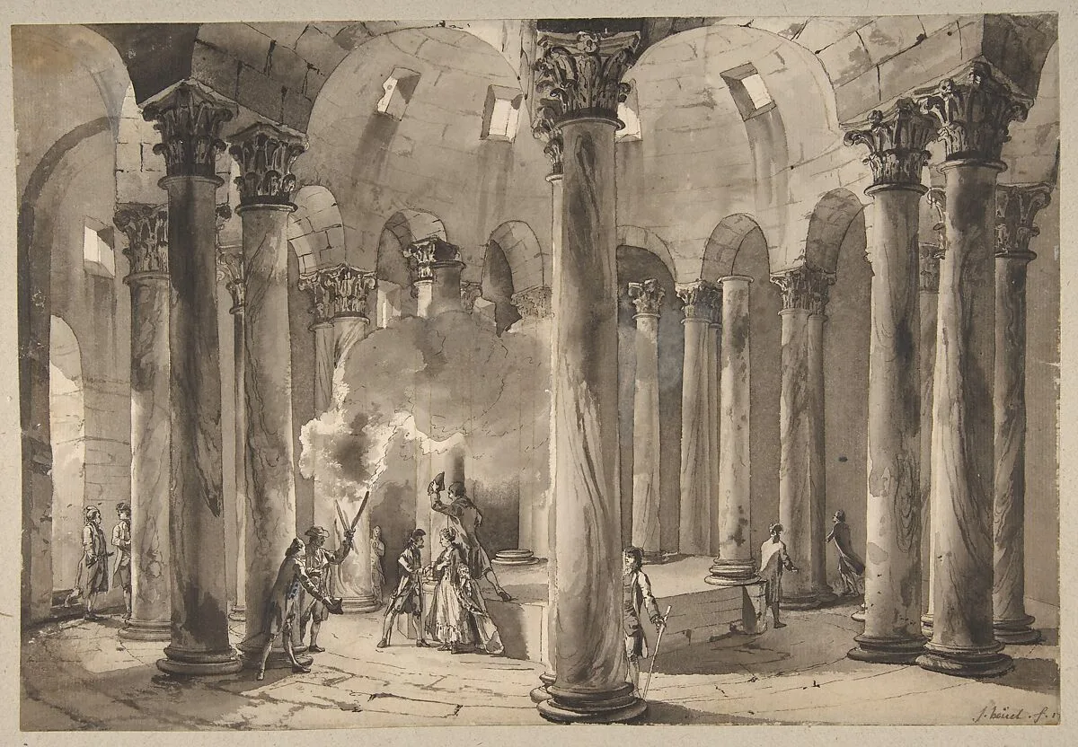 Visitors with Torches Inside a Circular Building — Jean Pierre Louis Laurent Hoüel