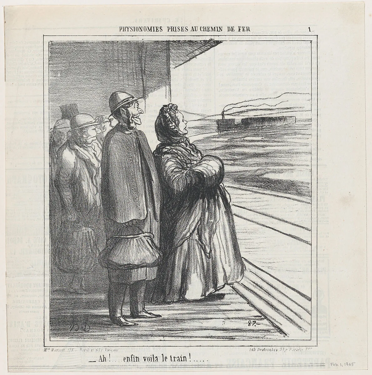 Finally! Here comes the train, from 'People on the train,' published in Le Charivari, February 1, 1865 — Destouches|Aaron Martinet|Honoré Daumier