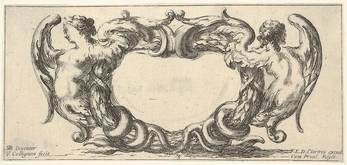 Plate 3: a cartouche with a woman with wings ending in a serpent's tail to left, seen from the front, a similar woman seen from the back to right, from 'Twelve cartouches' (Recueil de douze cartouches) — François Langlois|Stefano della Bella|François Collignon