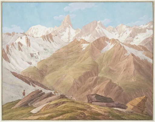 View of the Massif of Mont Blanc near the "Petit Jorasse, Grand Jorasse, le Géant" with the "Glaciers des Périades et Jorasse" and the "Glacier de la Venval" as seen from the "Col de Fenêtre près du Gd. St. Bernard"