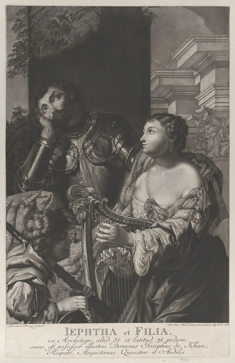 Jephtha dressed in armor looking up in despair, and his daughter holds a harp at right — Bernardo Strozzi|Johann Elias Haid