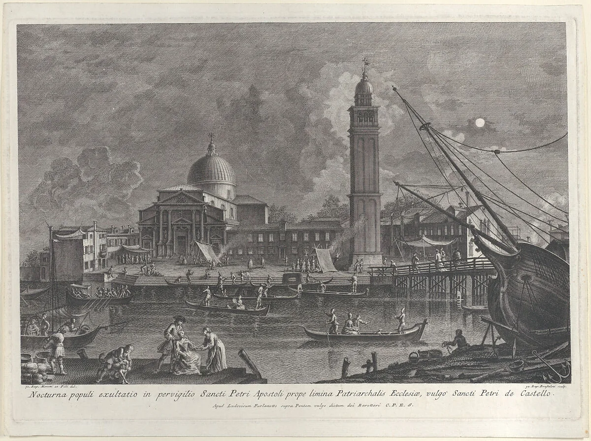 Nocturnal view of the gondolas' procession in front of the Basilica of San Pietro di Castello — Lodovico Furlanetto|Giovanni Battista Moretti|Giovanni Battista Brustolon