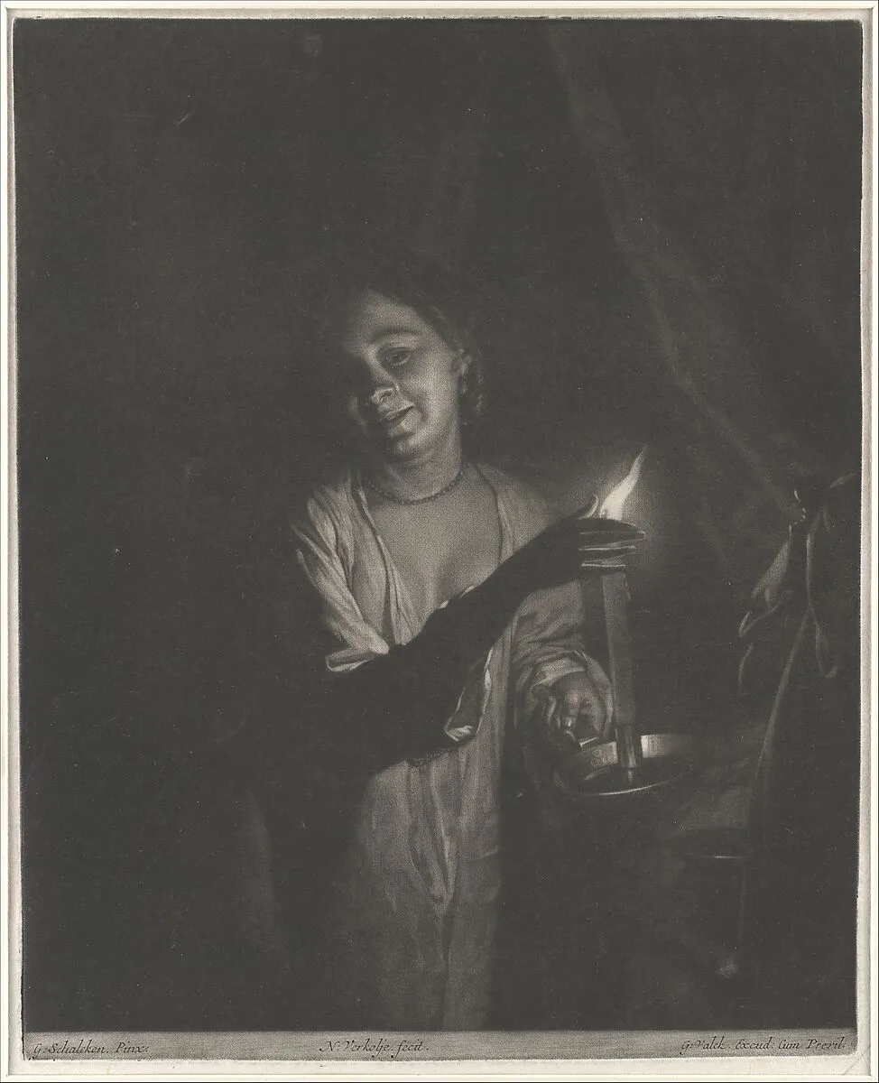 Young Woman Holding a Candle in a Bedchamber — Nicholas Verkolje|Godfried Schalcken