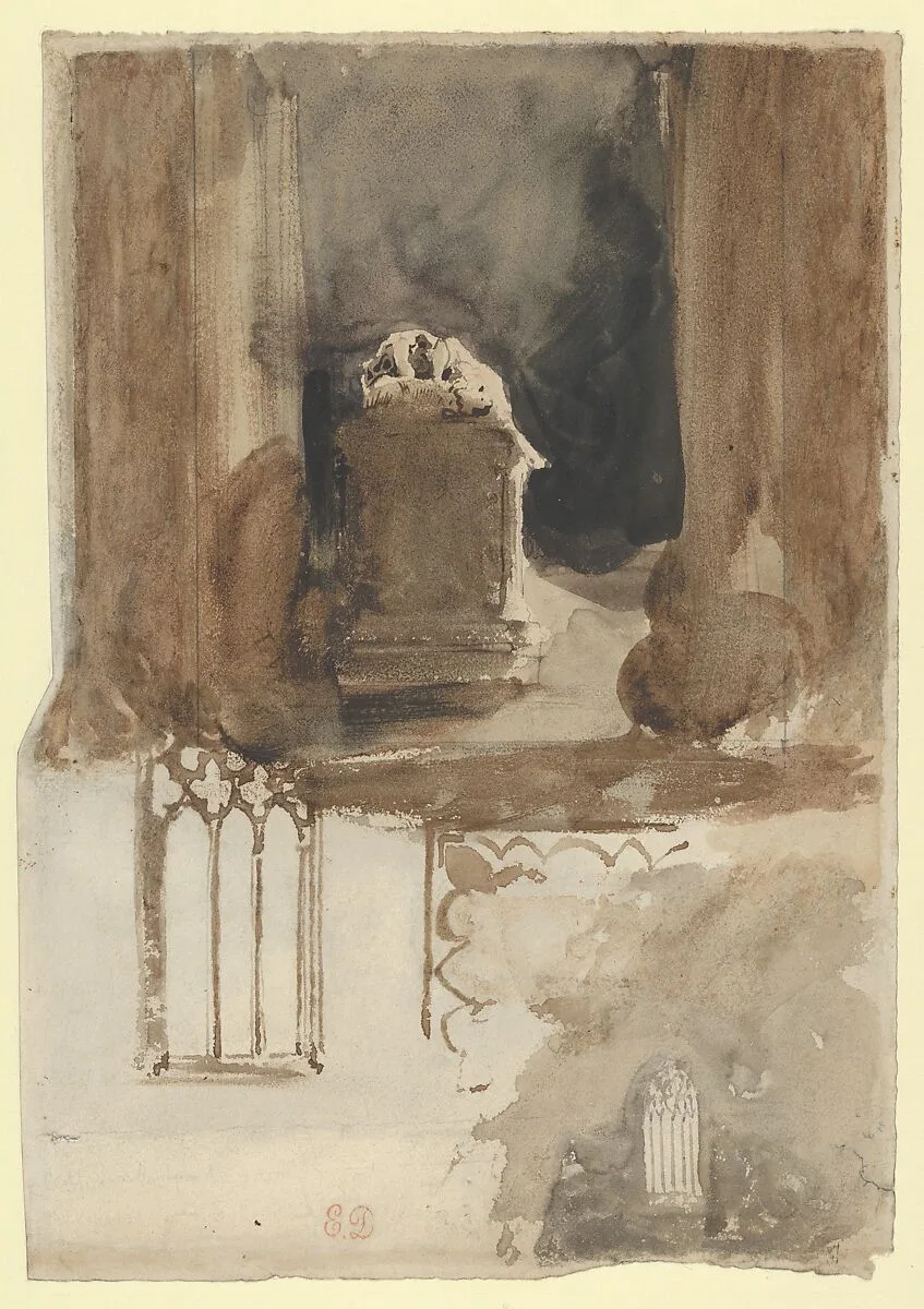 A Tomb and Studies of Windows in the Church of Valmont Abbey (recto); Four Studies of Horses (verso) — Eugène Delacroix