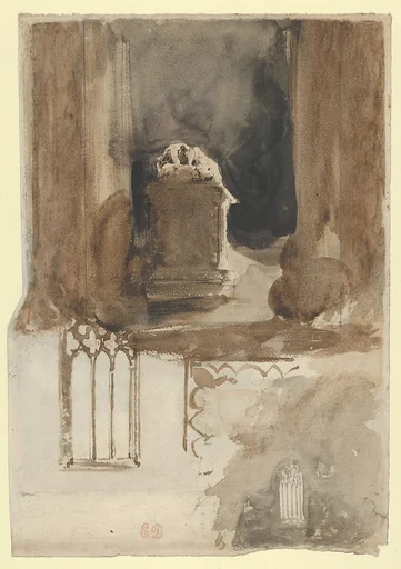 A Tomb and Studies of Windows in the Church of Valmont Abbey (recto); Four Studies of Horses (verso)