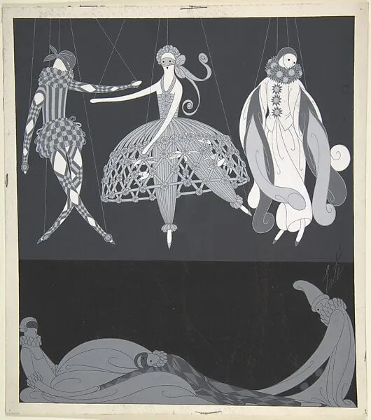 "Costumes pour les Bals Masqués: Arlequin, Colombine, Pierrot," Illustration for "Harper's Bazar" — Erté (Romain de Tirtoff)