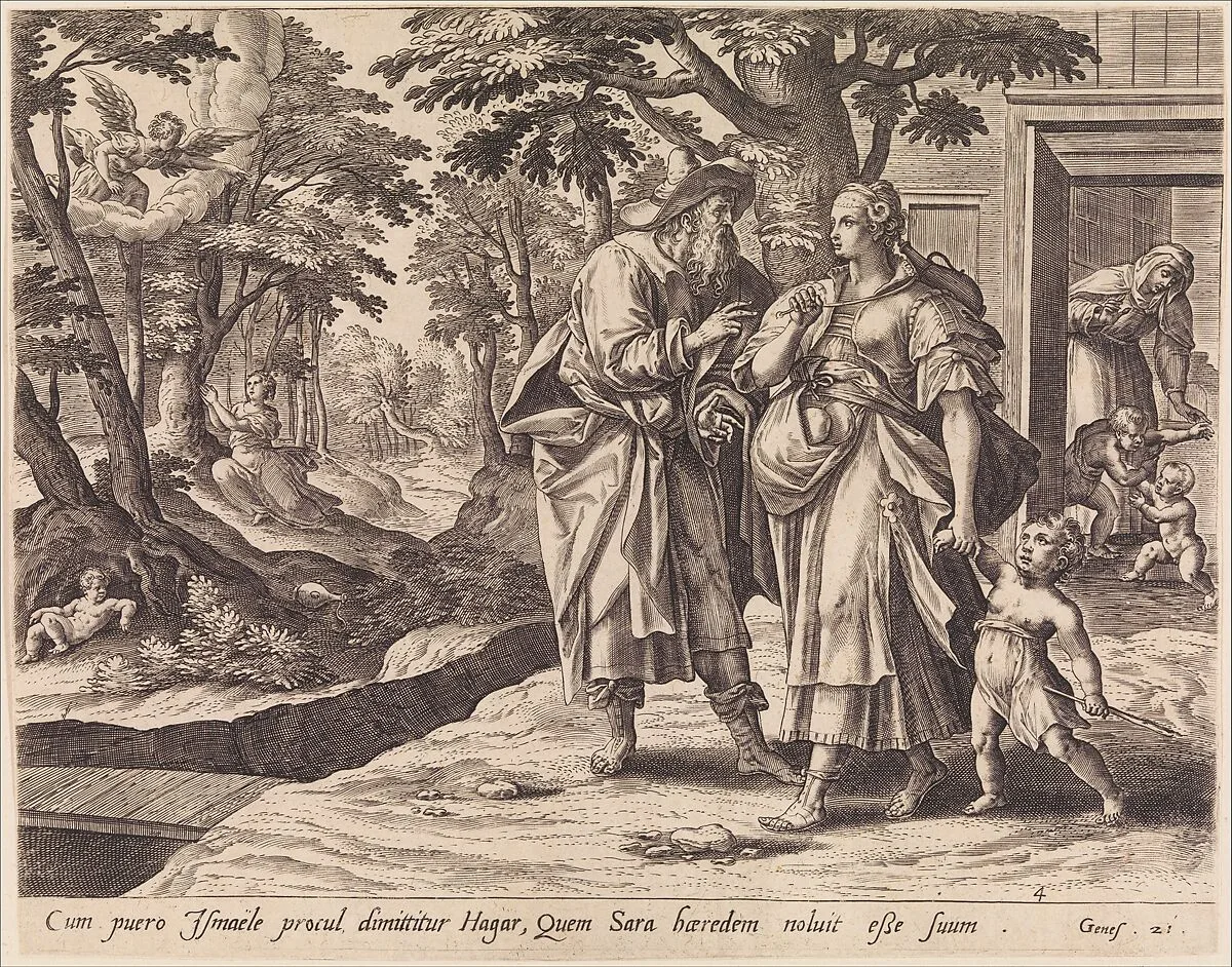The Banishment of Hagar and Ishmael, from The Story of Abraham — Maerten de Vos|Gerard de Jode|Adriaen Collaert