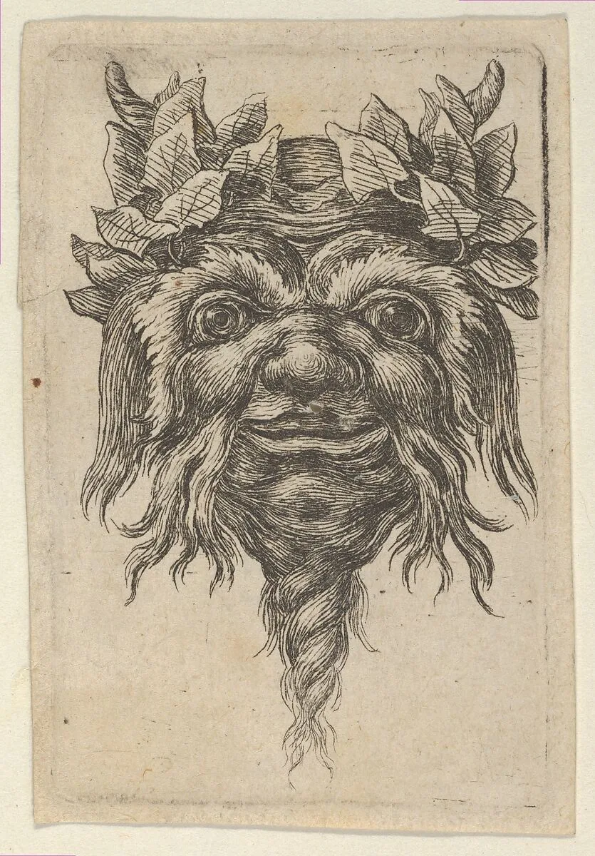 Satyr Mask with a Spiral-Shaped Beard and Ivy Grouped Around Each Horn, from Divers Masques — François Chauveau|Jacques Van Merlen