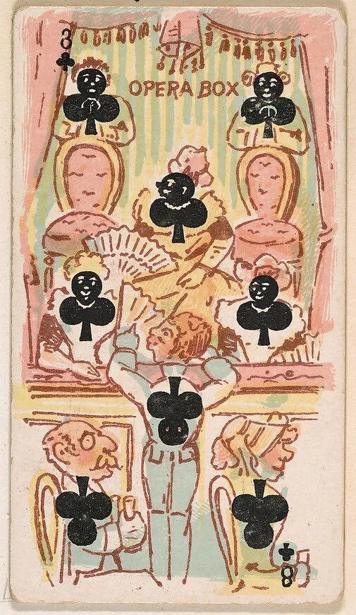Eight of Clubs, Opera Box, from Harlequin Cards, 2nd Series (N220) issued by Kinney Bros. — Kinney Brothers Tobacco Company