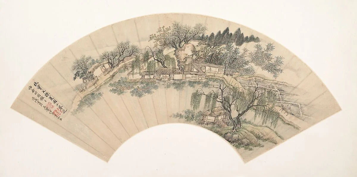 清 佚名 倣王翬 倣仇實父採菱圖 扇|Gathering Water Chestnuts — Wang Hui|Unidentified artist