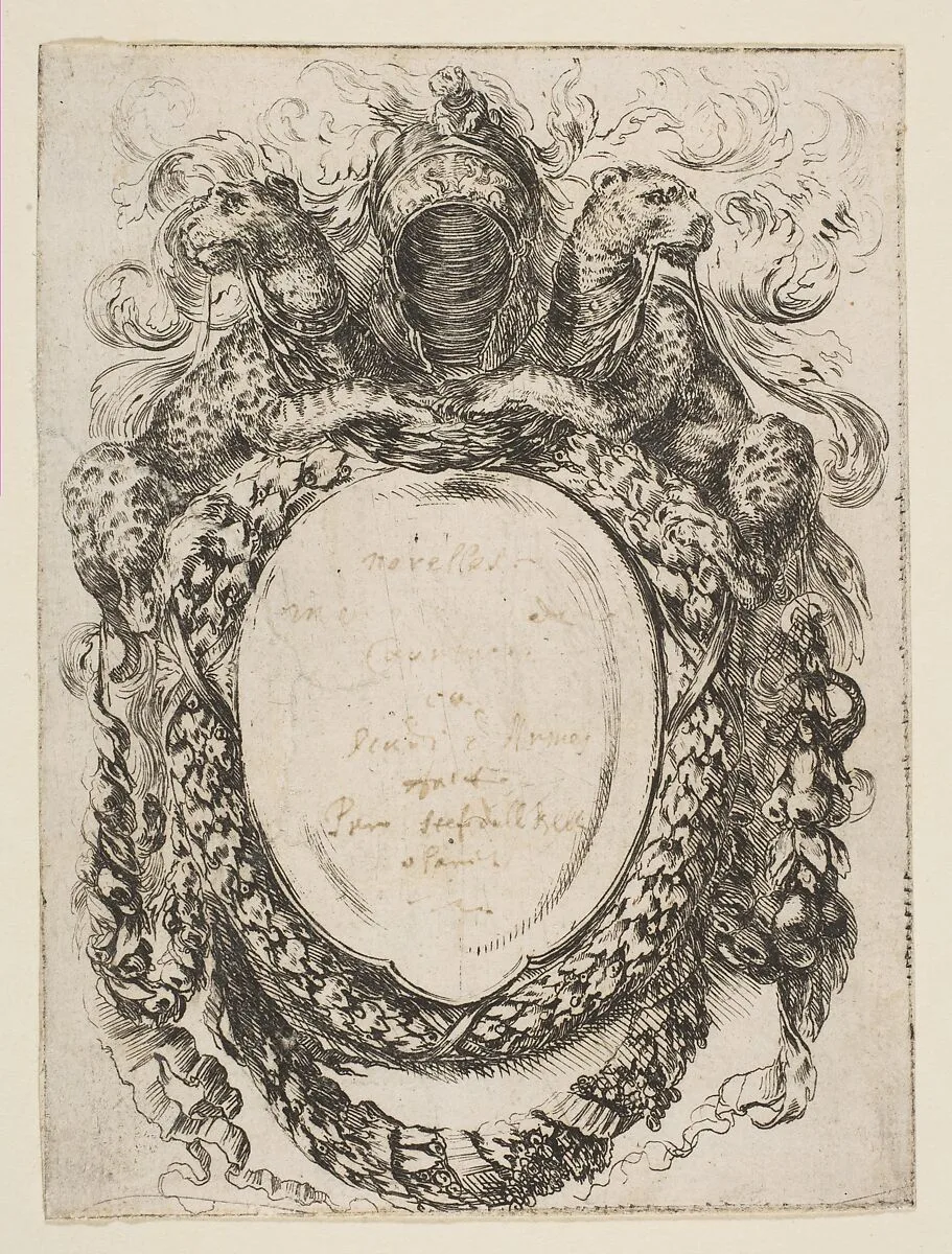 Cartouche Crowned by Helmet and Leopards — Stefano della Bella
