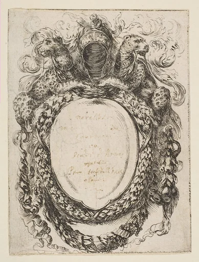 Cartouche Crowned by Helmet and Leopards