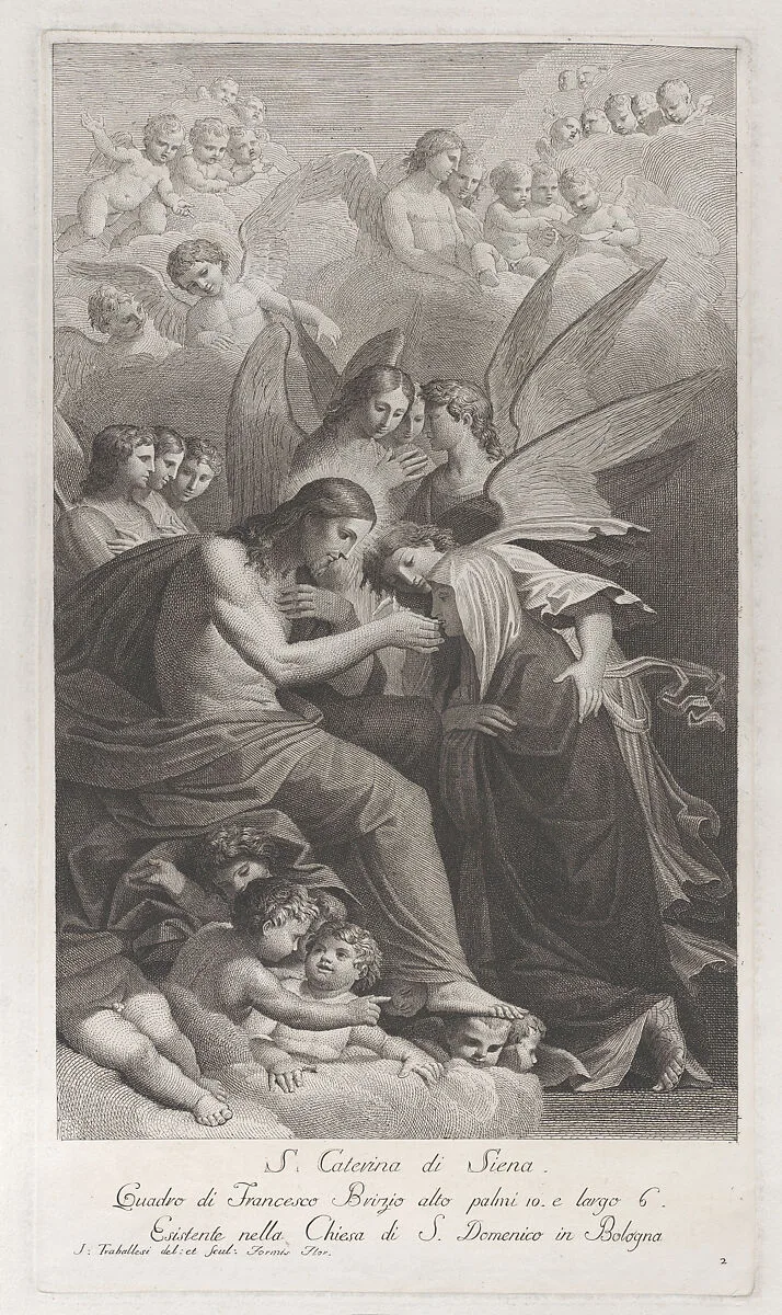 Christ giving the Sacred Host to the kneeling Saint Catherine of Siena, surrounded by various angels — Giuliano Traballesi|Francesco Brizio
