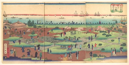 東都築地ホテル館庭前の図|Illustration of the Front Garden of the Tsukiji Hotel in the Eastern Capital (Tōto Tsukiji hoteru kan niwa mae no zu)