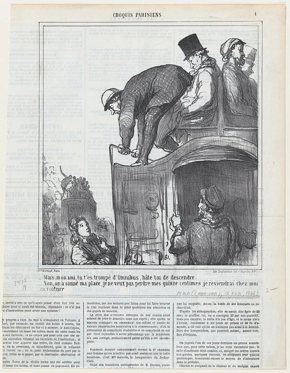 My friend, you have taken the wrong bus, get out quickly!, from 'Parisian sketches,' published in Le Charivari, January 31, 1866 — Destouches|Aaron Martinet|Honoré Daumier