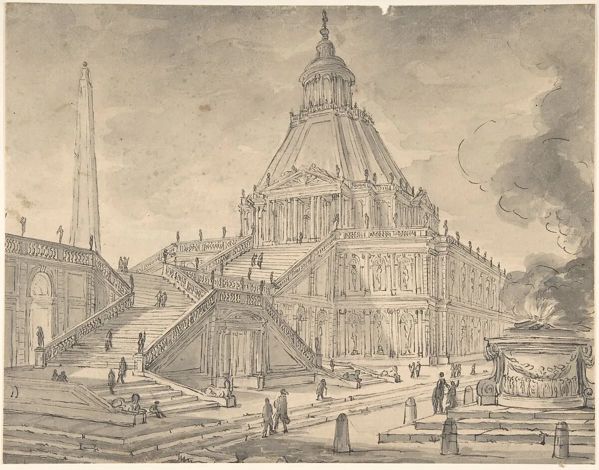 Architectural Fantasy: Temple-like Building with Colonnades, a Monumental Staircase, and a Burnt Offering (Sacrifice) in the Foreground — Giovanni Larciani ("Master of the Kress Landscapes")