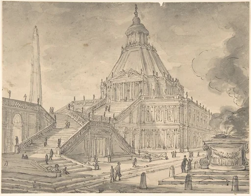 Architectural Fantasy: Temple-like Building with Colonnades, a Monumental Staircase, and a Burnt Offering (Sacrifice) in the Foreground