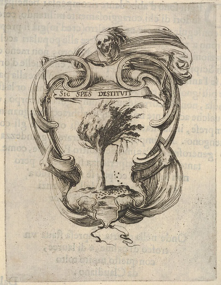 A cartouche with a tree blowing in the wind, a skull with drapery at top, bones to either side, from 'Eight Emblems for the Funeral of Francesco de Medici' (Huit emblèmes pour les funérailles du prince François de Médicis) — Stefano della Bella