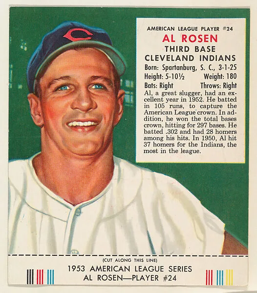 Al Rosen, from the Red Man All-Star Team series (T233), issued by Red Man Chewing Tobacco — Red Man Chewing Tobacco