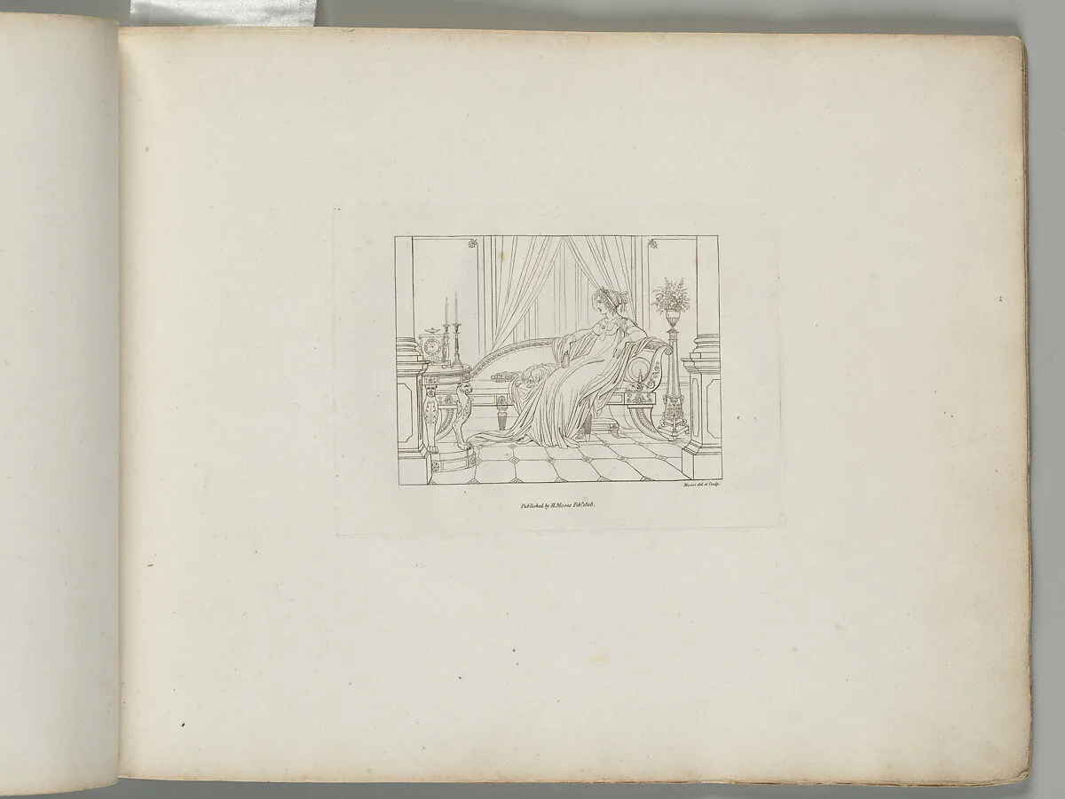 A Woman Seated on a Grecian Sofa with a Lapdog, in an Interior (from Sketches in Outline) — Henry Moses