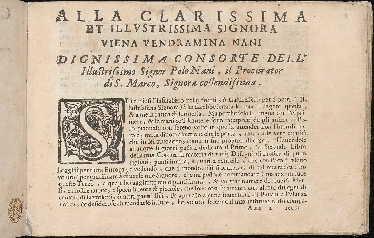 Corona delle Nobile et Virtuose Donne, Libro Terzo, page 2 (recto) — Alessandro de' Vecchi|Cesare Vecellio