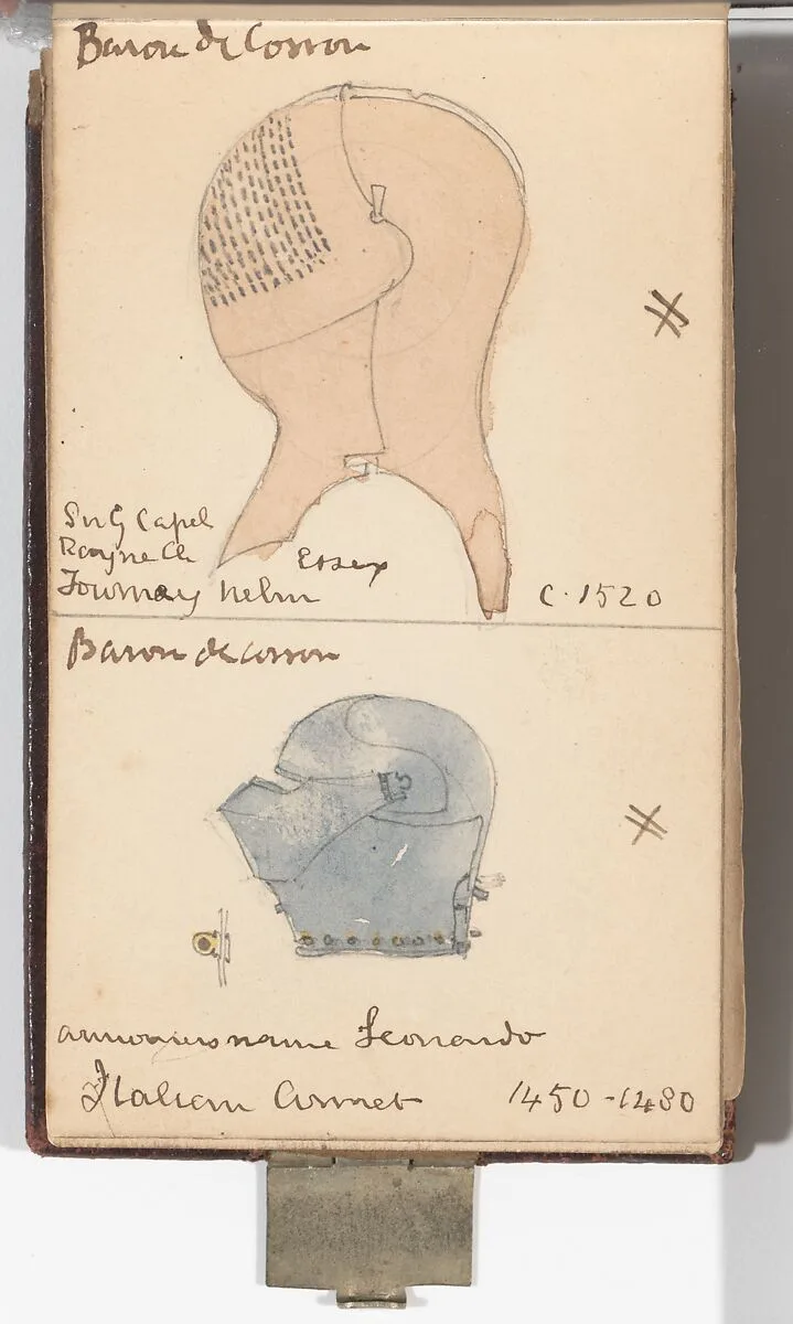 Memorandum Book Showing Colored Sketches Mostly of European Helmets — William Burges