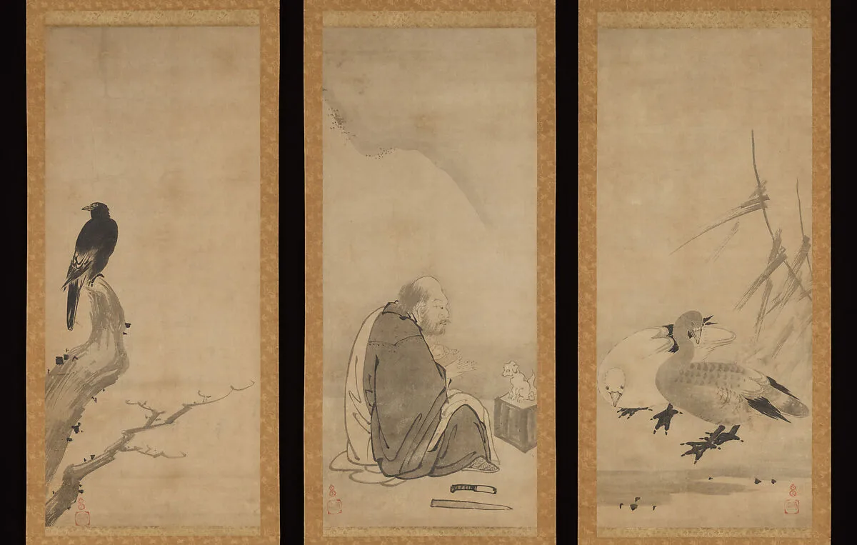 六祖・芦雁・叭々鳥図|Huineng, the Sixth Patriarch of Zen, with Geese and Myna — Unkoku Tōeki 雲谷等益