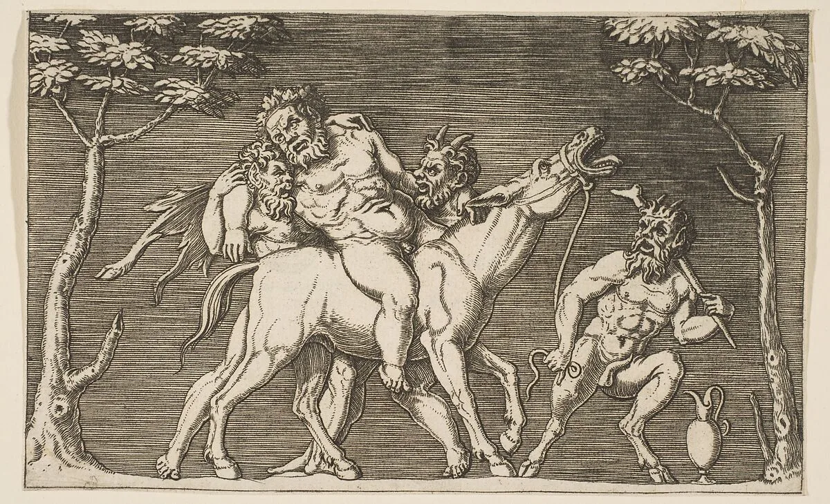 Two satyrs placing Silenus on a braying mule and a third satyr at right — Marco Dente