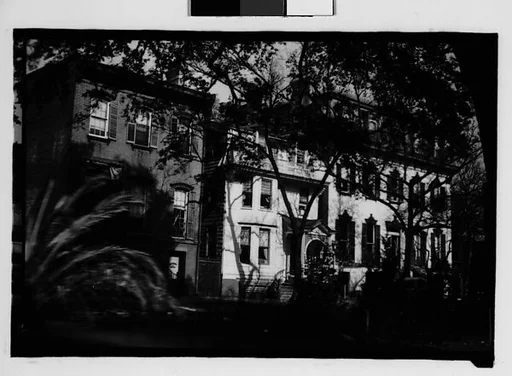 [Italianate and Second Empire Town Houses Through Trees, From Automobile, Savannah, Georgia]