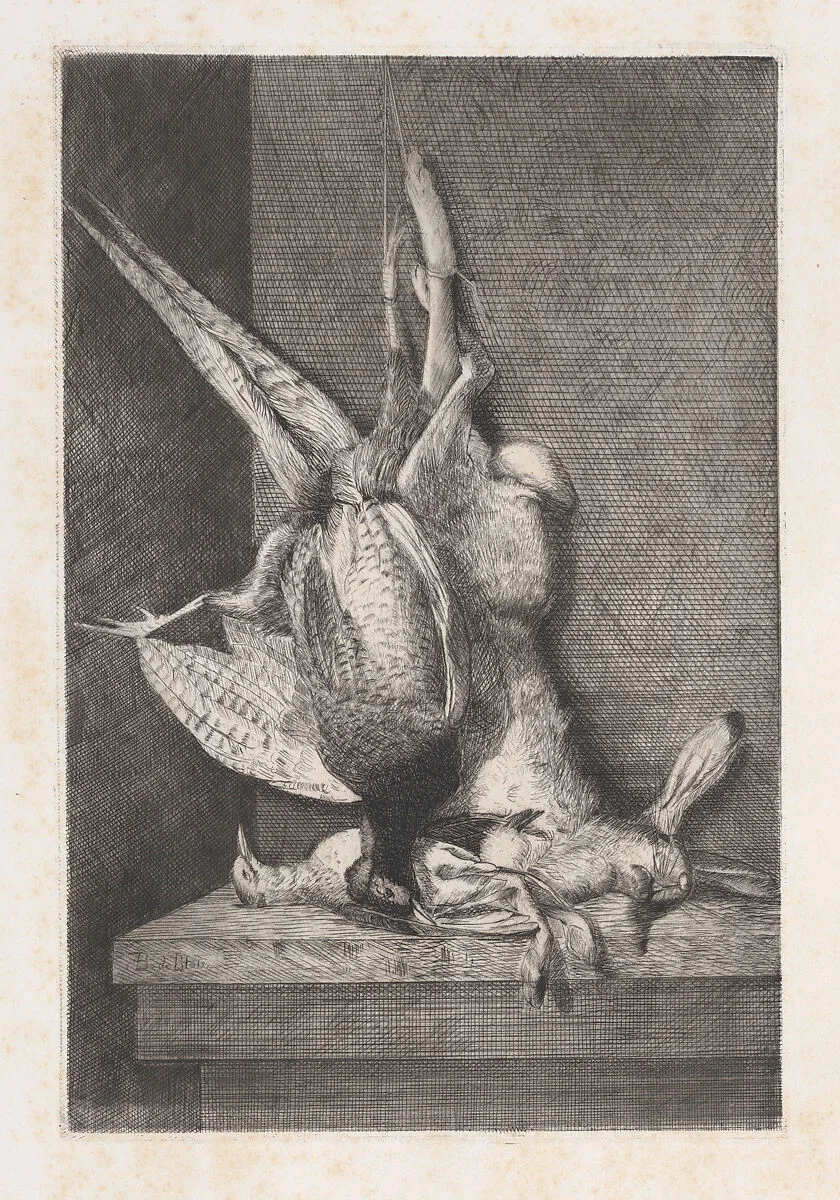 Hunting trophy with game birds and rabbit, from "L'Artiste" — Charles- Alphonse Deblois