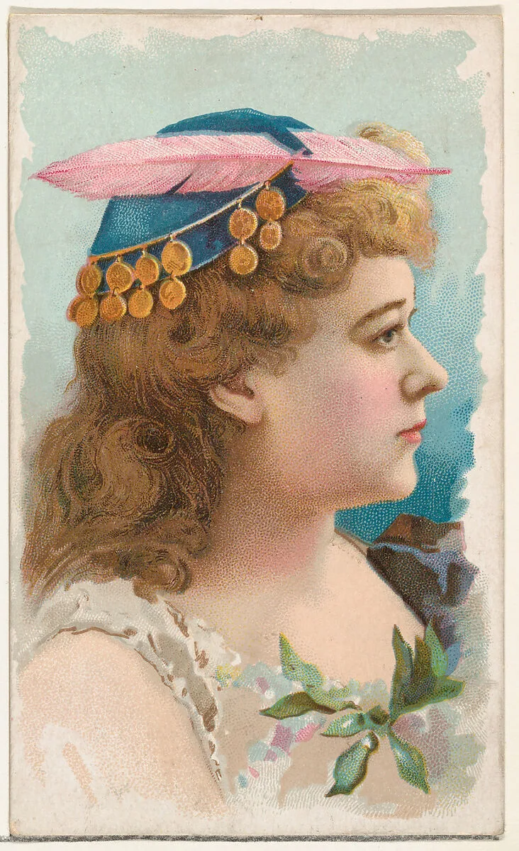 Actress wearing blue cap with pink feather, from Stars of the Stage, First Series (N129) issued by W. Duke, Sons & Co. to promote Honest Long Cut Tobacco — Knapp & Company|W. Duke, Sons & Co.